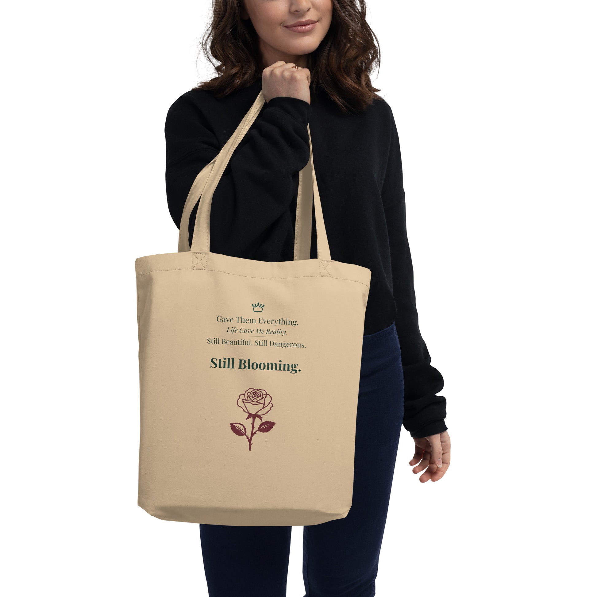 Still Blooming eco tote bag standard size organic cotton canvas oyster front view