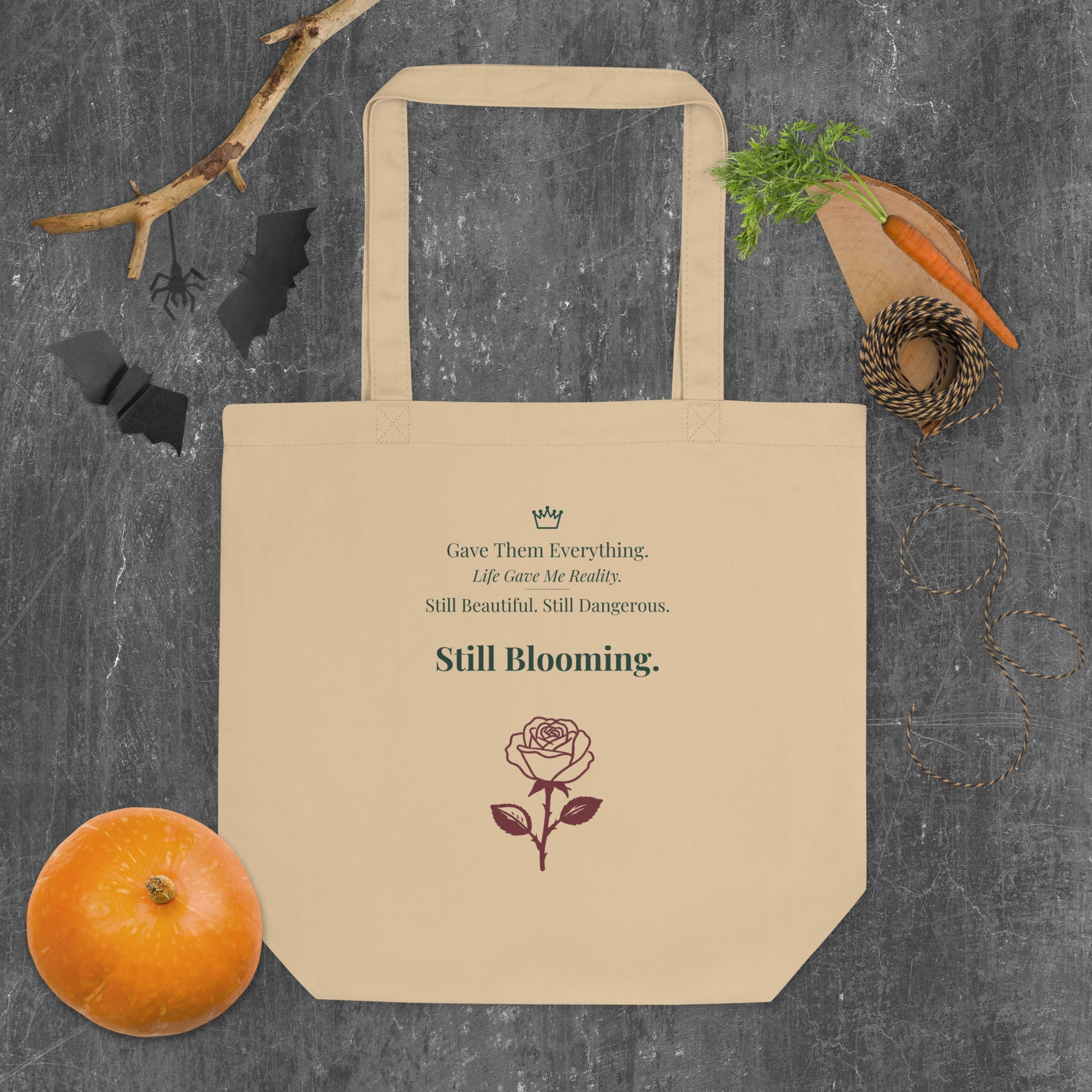 Still Blooming eco tote bag standard 13.4 inch width lifestyle view