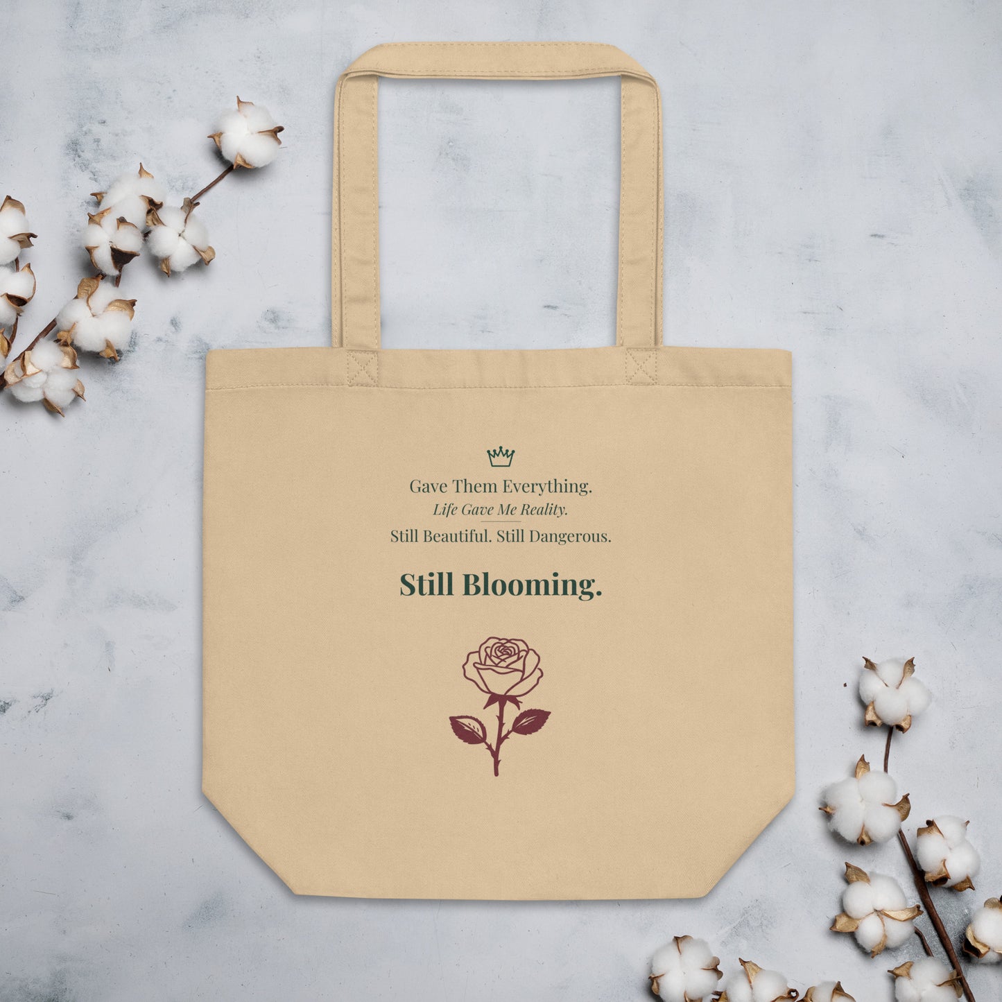 Still Blooming standard organic cotton tote bag handle detail designed in Toronto